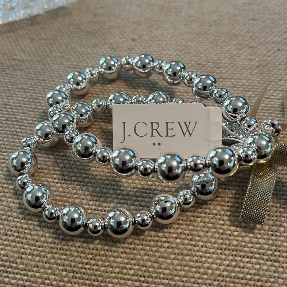 NWT J. Crew Silver Bauble Beaded Stretchy Bracelet Set of 2
